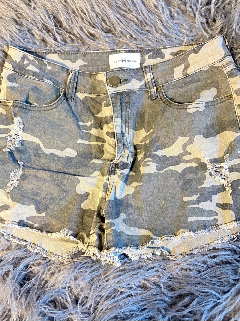 Ashley Mason Camo Distressed Jean Shorts in Green and Tan